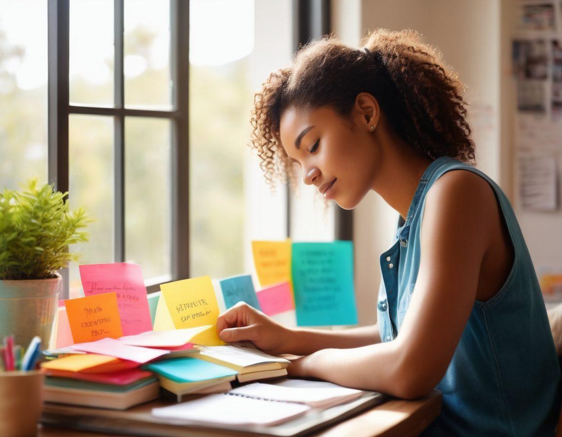 A young adult sitting at a study desk piled with textbooks, surrounded by colorful sticky notes with motivational quotes. In the background, a supportive friend is offering a hand on the shoulder, symbolizing friendship and support. Show soft sunlight coming through a window, creating a warm and inviting atmosphere. Include subtle elements representing wellness, like a small plant and a water bottle nearby. vibrant colors. super-realistic.