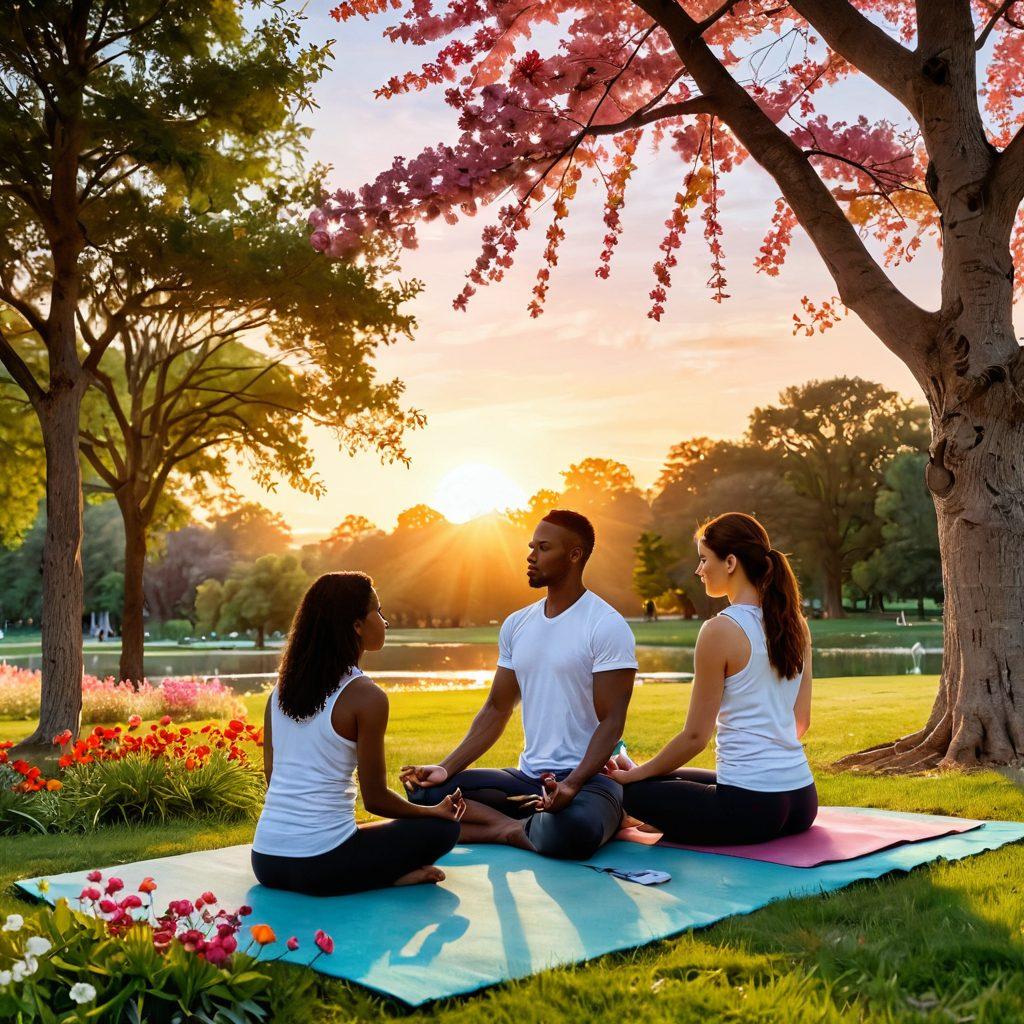 A serene scene depicting two individuals sharing a warm, empathetic conversation in a calm park setting. Include elements like blooming flowers to symbolize hope, a soft sunset in the background for warmth, and subtle hints of diverse health tools like a yoga mat or a book on wellness nearby. The expressions should radiate understanding and support. vibrant colors. super-realistic.