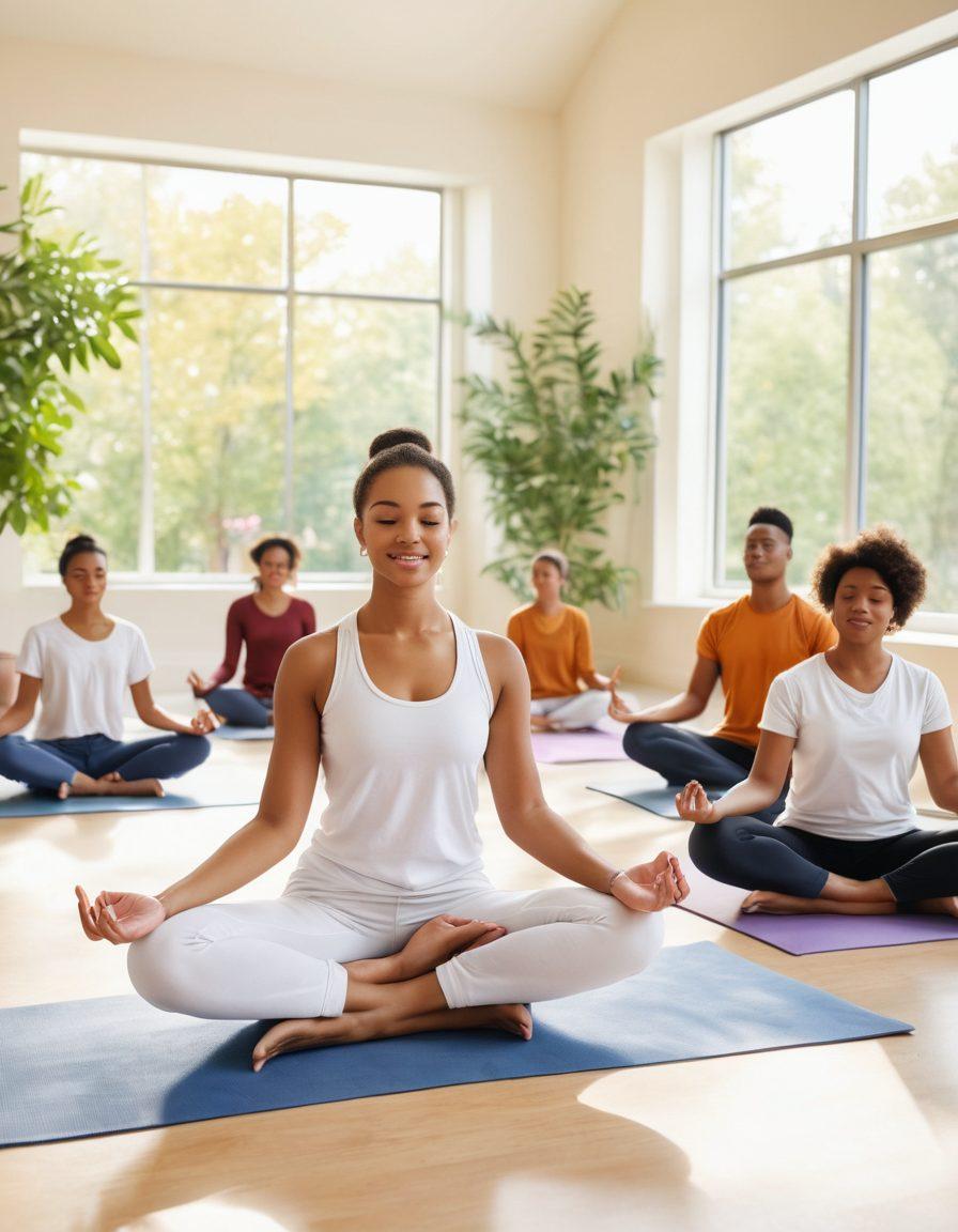 A serene college campus scene featuring a diverse group of students engaging in self-care activities, such as meditating, practicing yoga, and reading books. In the background, a supportive group is sharing tips for managing stress and balancing college life with cancer treatment. Soft, warm lighting casts a peaceful ambiance, enriching the theme of confidence and resilience. Illustrate with a touch of whimsy and hope, reflecting the vibrancy of student life amidst challenges. watercolor. vibrant colors. white background.